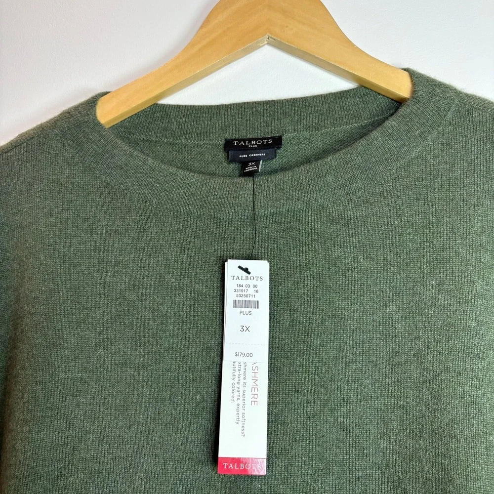 Talbots Plus 3X Olive Green 100% Pure Cashmere 3/4 Sleeve Crew Neck Sweater NWT - Picture 3 of 9